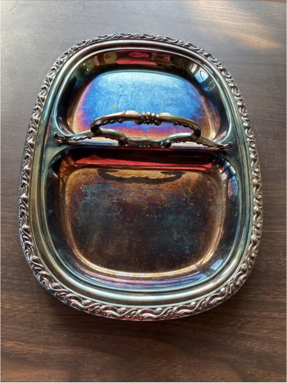 WM ROGERS SILVERPLATE LARGE OVAL Serving TRAY Platter Two Part Ornate